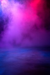 Wall Mural - Empty black studio room. Blue neon light, wet asphalt, smoke, night view, rays. Abstract dark empty studio room texture. Product showcase spotlight back.