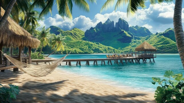 Visualize a summer poster that celebrates a tropical island paradise. The scene includes a secluded beach with turquoise waters, a wooden pier stretching out into the ocean, and lush green mountains i