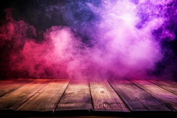 Poster - Smoke floats up from an empty wooden table on a dark background