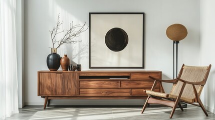 Stylish arrangement of a living room's interior featuring a wooden sideboard, brown sofa, boucle armchair, circular pouf, mock-up poster frame, slippers, and individual accessories. interior design.