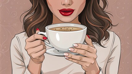 Illustration of a woman with red lipstick holding a cup of coffee