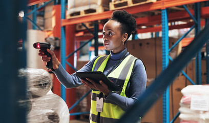 Poster - Black woman, scanner and tablet with inventory in logistics for pricing, counting stock or distribution at warehouse. Young African, female person or employee checking product code for supply chain