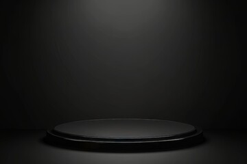 Poster - 3D rendering of a podium on a dark background with a long platform. Blank shelves standing behind a standing backdrop.