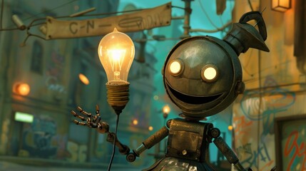 Wall Mural - A robot holds a lightbulb with a big smile.