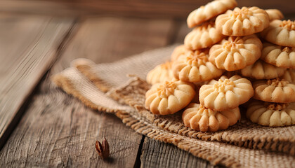 Delicious Danish butter cookies on wooden table, closeup. Space for text