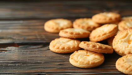 Delicious Danish butter cookies on wooden table, closeup. Space for text