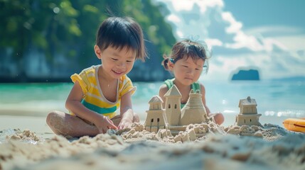 Children Building Sandcastles On Sunny Beach