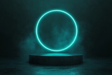 Poster - The background is a green neon light stage or podium pedestal with a glow spotlight and blank display platform set on a grunge street floor. 3D illustration.