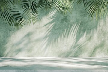 Poster - Presentation of a cosmetic product against an abstract background of tropical palms on a pastel green wall and gray table.