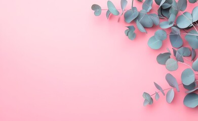 Wall Mural - An eucalyptus leaf and pastel background make this a great photo for backgrounds, posters, and cards. There is enough copy space in the flat lay for text.