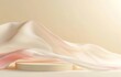 © Maxim Borbut - Display podium, beige background with pedestal and flying silk cloth curtain in nude color. Decorative elegant presentation stand for beauty and cosmetic products.