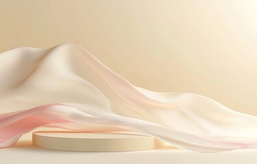 Poster - Display podium, beige background with pedestal and flying silk cloth curtain in nude color. Decorative elegant presentation stand for beauty and cosmetic products.