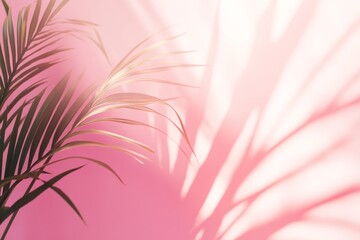 Poster - This is a pink abstract studio background for product presentation. An empty room is framed by shadows of the window and flowers and palm leaves, with a 3D room with copy space behind it. A summer