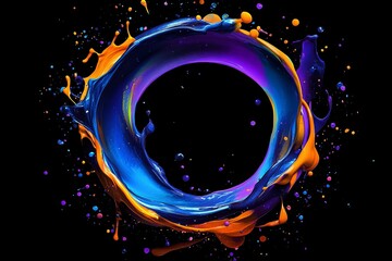 An abstract circle liquid motion flow explosion. A colored curved wave pattern with paint drops on a black background.