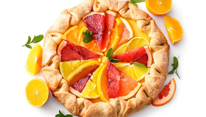 Delicious galette with citrus fruits isolated on white