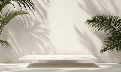 Poster - A soft shadow is cast by palm leaves on the pink wall. Abstract background used for product presentations. Spring and summer season.