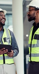 Poster - Men, engineer and tablet with talking in office for construction, advice and consulting for project. Black people, partnership and architect on touchscreen for planning, review and feedback at job