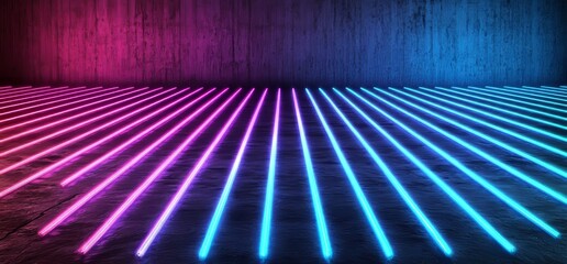 Poster - blue and purple neon light shapes on black background with reflective concrete with empty text space