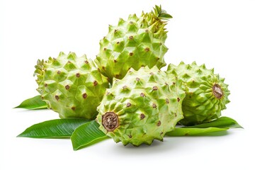 Wall Mural - A cluster of green, spiky fruits resting on leaves, showcasing their unique texture.