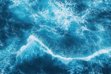 A pale blue sea surface with white foam, the splash of waves, and bubbles forming at high tide and in the surf, abstract background.