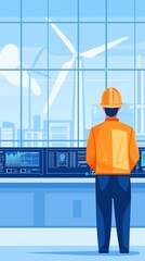 Poster - Wind turbine control room, engineer monitoring systems, flat design illustration