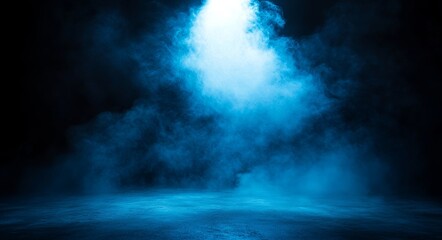 Wall Mural - Dark blue background with wet asphalt on a foggy street, illuminated by a searchlight, laser beams, and smoke