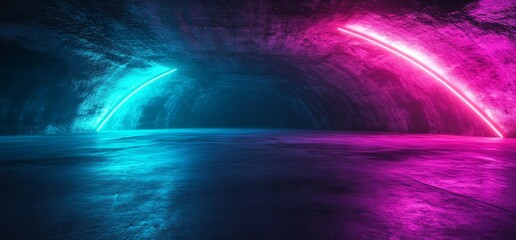 Poster - 3D render of Futuristic Alien Tunnel Ship Corridor Underground Laser Purple Blue Neon Light Lines On Grunge Reflective Concrete Empty Space Background