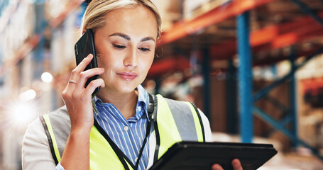 Poster - Logistics, woman and tablet with phone call for talking, coordinate shipment and confirm delivery. Supply chain, female supervisor and digital with tech for inventory check, track stock and listening