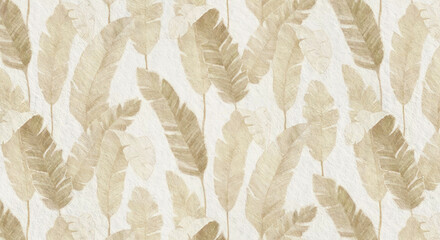a beige-toned pattern of large banana leaves arranged in a repeating design on a textured white back