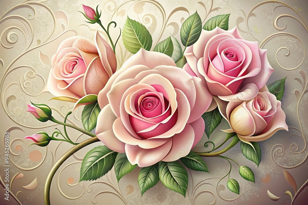 Unfurl Roses Delicate pink rose blossoms unfurl from elegant stems, surrounded by ...