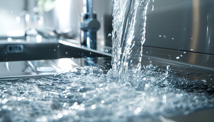 sleek, modern water filtration system installed under a kitchen sink, with crystal-clear water flowing from a faucet into a glass