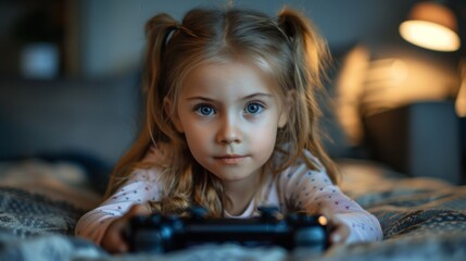 Young Girl Playing Video Games on Bed