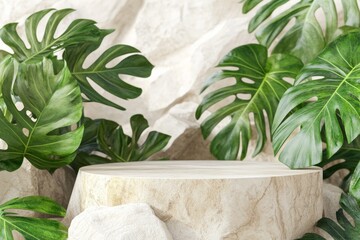 Poster - Display podium made from wood and backed by blurred nature leaves. 3D rendering.