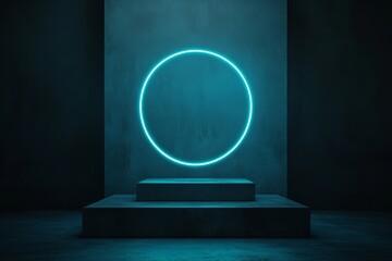 Poster - A neon light product background stage or podium pedestal on grunge street floor is illuminated by a glow spotlight. The platform is blank so that the product can be displayed. 3D rendering.