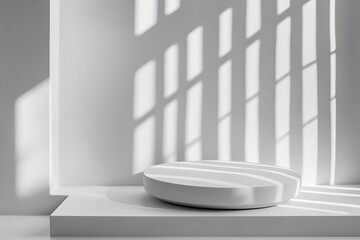 Poster - A white abstract studio background depicting a blurred backdrop and a display product with a blurred backdrop. It also features shadows cast by a window.