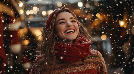 Cheerful woman smiles warmly in snowfall during festive winter evening