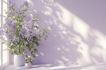 Poster - A purple color gradient studio background for product presentations. An empty room with windows, flowers, and palm leaves. A 3D room with copy space. A summer concert. The background is blurred.