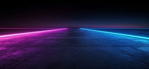 Poster - Blue and purple abstract neon light shapes with reflective concrete and an empty space for text in a futuristic sci-fi style.