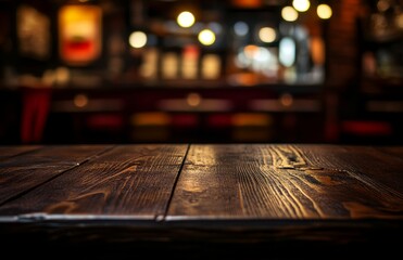 Poster - Image of wooden table with abstract blurred background of restaurant lights