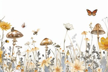 Wall Mural - Hand drawing natural garden botanical wildflowers with mushroom, bees and butterfly vector illustration on white background, watercolor floral leaves art