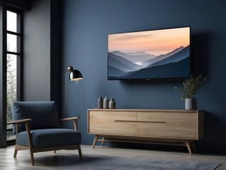 Sticker - Modern Living Room with a Wall-Mounted TV and a Wooden Console