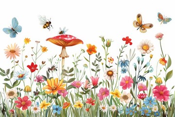 Wall Mural - Hand drawing natural garden botanical wildflowers with mushroom, bees and butterfly vector illustration on white background, watercolor floral leaves art