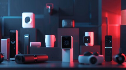 Poster - Modern Security Cameras and Smart Home Devices in Neon Lighting