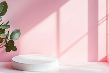 Poster - Realistic 3D render of a white wall with a shelf or counter on a white background with natural light from a window. A display of shelves in a room to demonstrate a minimalism concept.