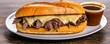 © Gyorgy - Juicy roast beef sandwich with melted cheese, served with a side of au jus, hearty and comforting