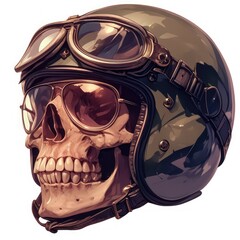 Wall Mural - Skull Wearing a Vintage Motorcycle Helmet and Goggles