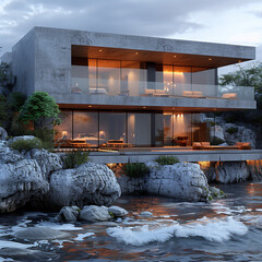 Wall Mural - a modern, minimalist beach house surrounded by sand dunes and tall, windswept grasses. The house features large glass windows that allow for an unobstructed view of the beach and ocean