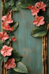 Wall Mural - Delicate pink blossoms cascading over a weathered blue wall in a serene indoor setting