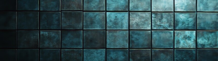 An abstract banner panorama of blue painted concrete cement stone square cubes