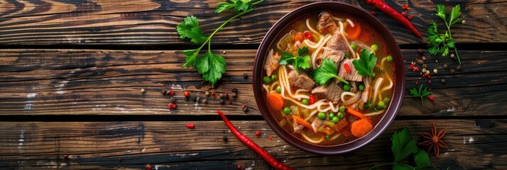 Poster - Aerial view of a classic pork, vegetable, and noodle soup.